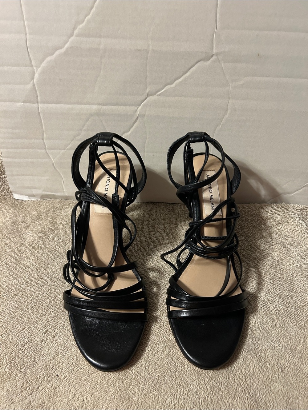 ANTONIO MELANI Black Strappy Lace-Up Heeled Sandals, leather, size 7 1/2 M